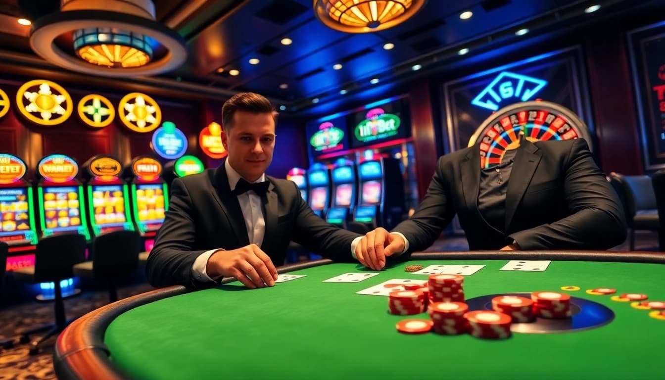 Experience high-stakes gameplay at 11Bet's luxurious casino table with vibrant poker chips.