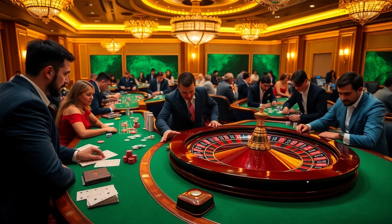 Players enjoying exciting games at Sunwin casino with vibrant tables and high stakes.