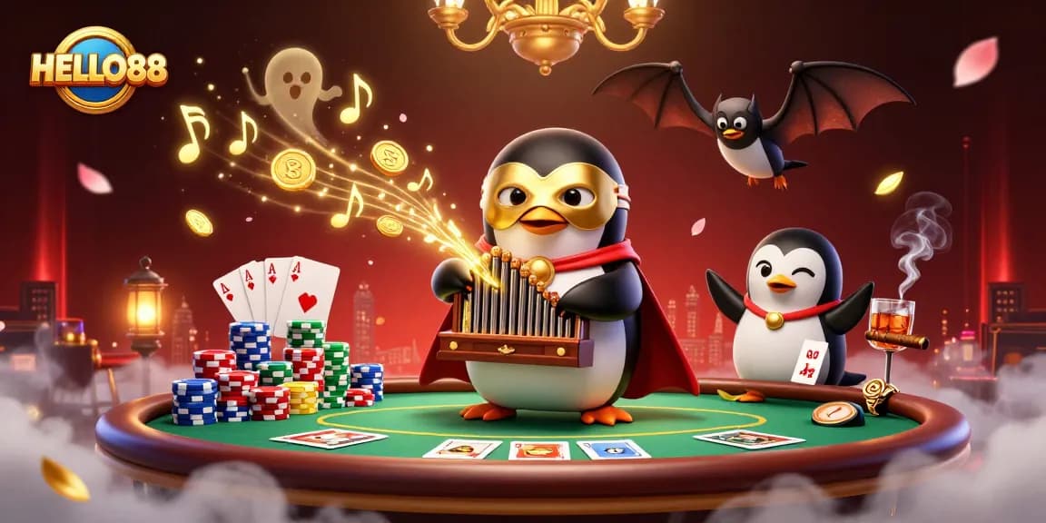 Experience winning moments at HELLO88 with a whimsical penguin in a casino setting.