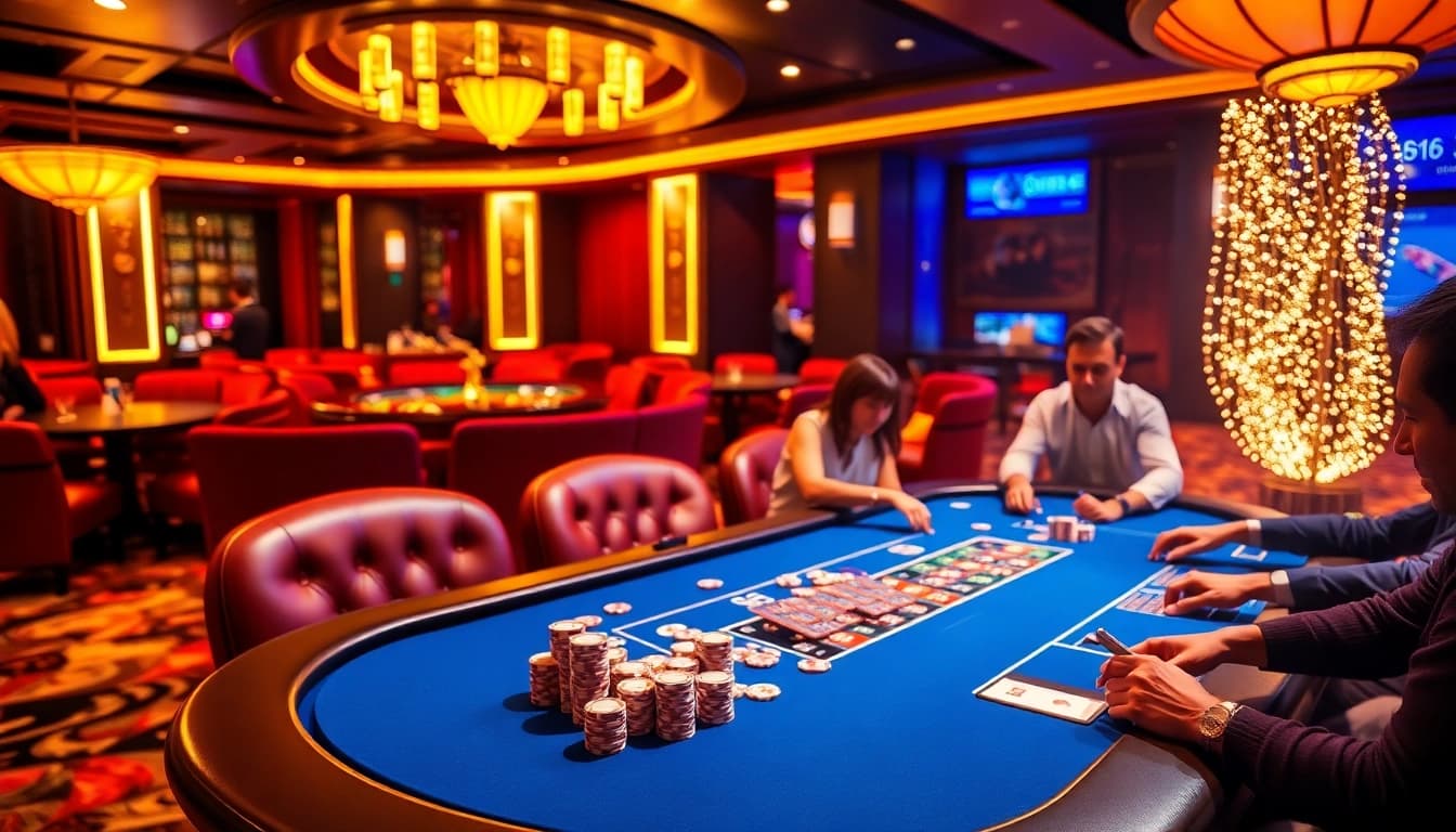Players enjoying an intense game of luck8 at a vibrant casino poker table.