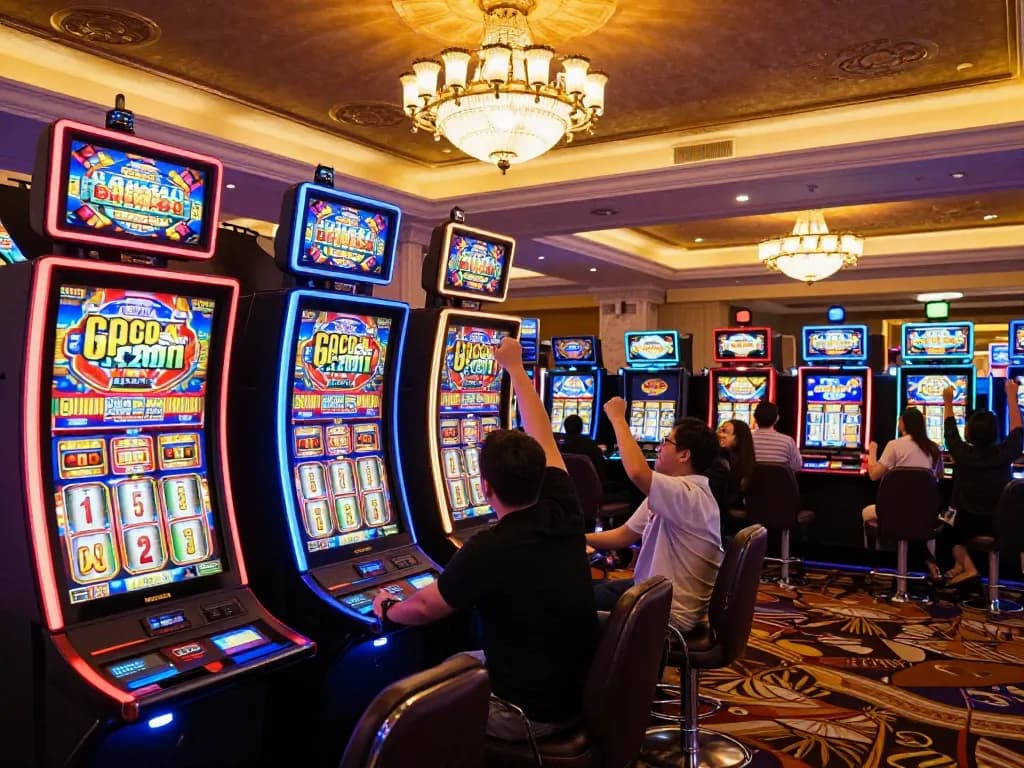 Slot Gacor players joyfully celebrating big wins at vibrant slot machines in high-energy casino