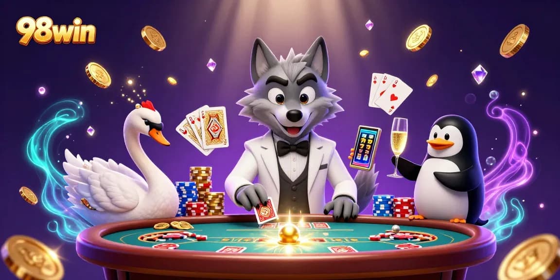 Experience excitement at 98win as the debonair wolf plays baccarat with dazzling gems around.