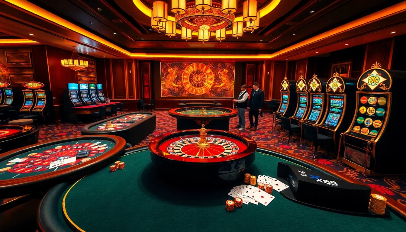 A lively casino scene showcasing XX88 with players at poker tables, roulette wheel, and slot machines, all conveying excitement.
