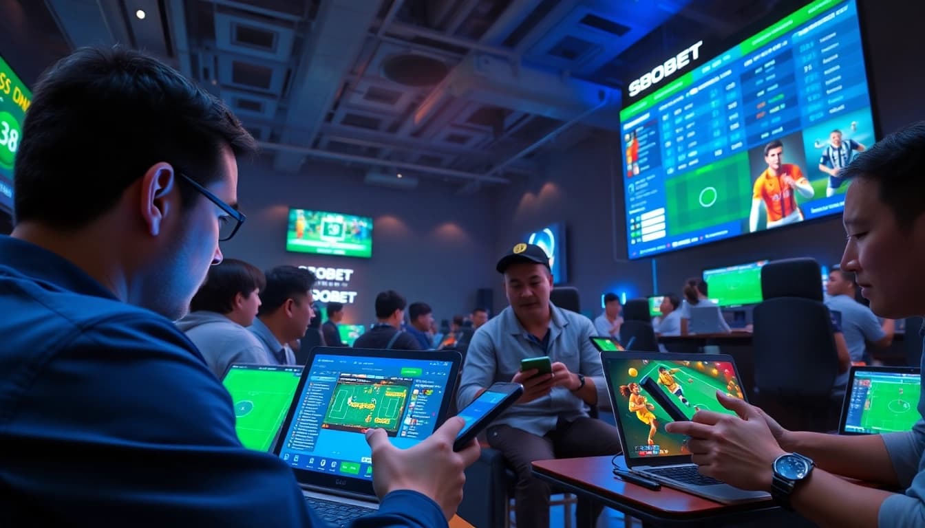 SBOBET online betting scene with players using devices for live sports engagement.