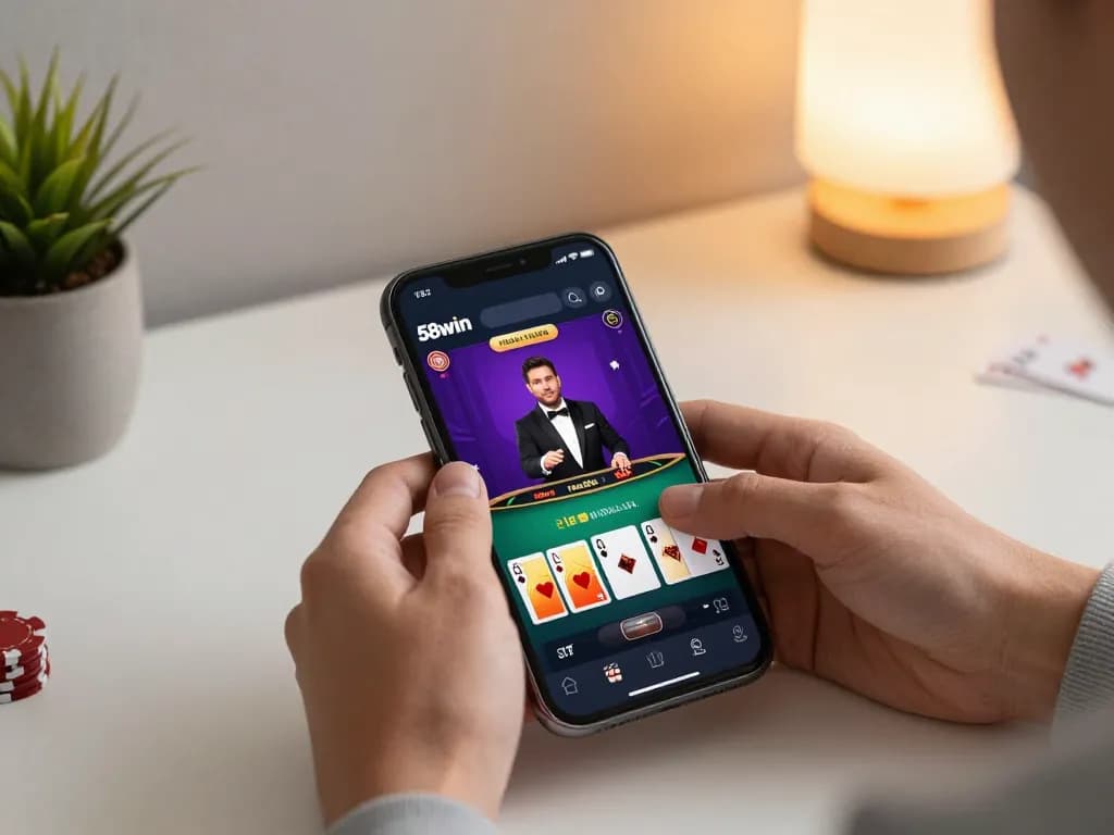Player engaging with 58win mobile app during live dealer blackjack, showcasing exciting gameplay at home.