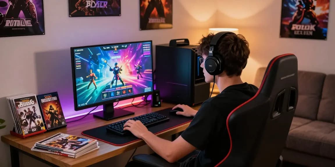 Gamer focused on online porn games setup with vibrant visuals and cozy ambiance