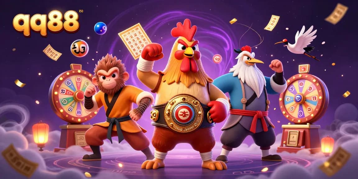 Experience high-energy gaming action with qq88's vibrant digital illustration, featuring dynamic casino elements.