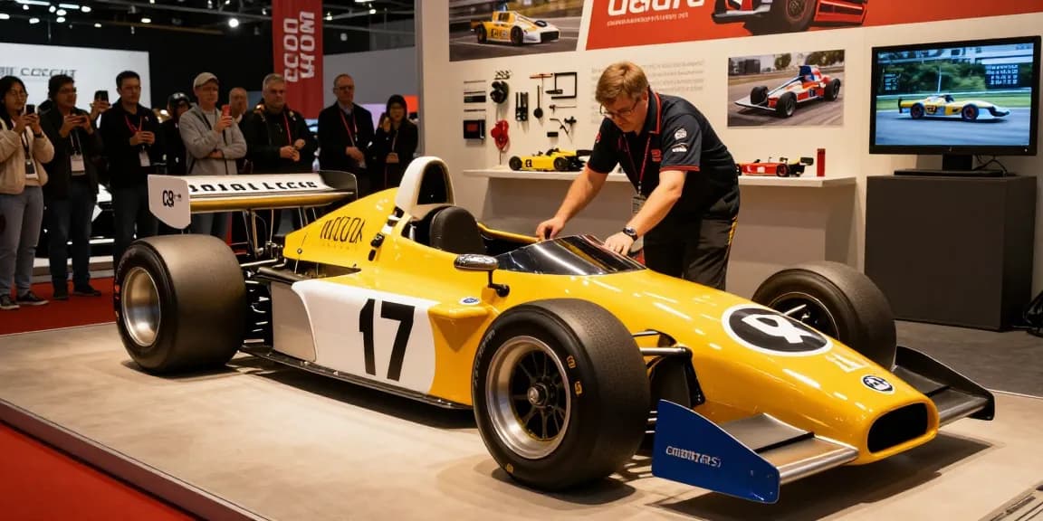 Lola LC88 displayed at an exhibition highlighting its historical racing significance with enthusiastic spectators.