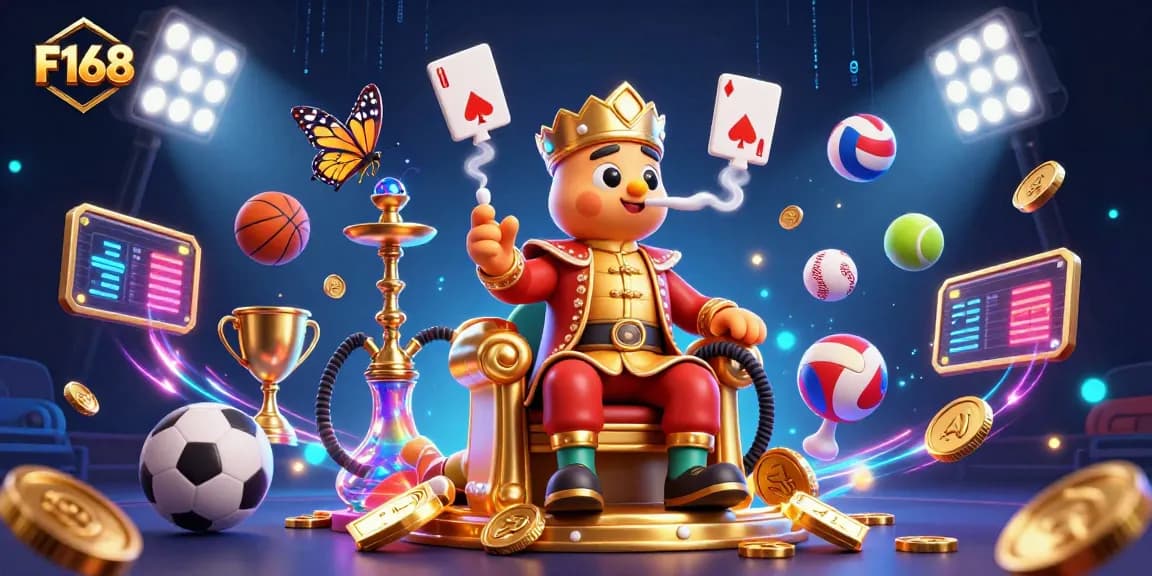 Engage with F168 in an energetic scene featuring a colorful casino atmosphere and vibrant sports elements.