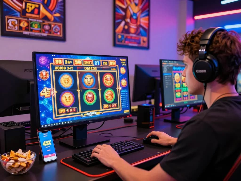 Dynamic online casino gaming scene featuring 45X slot game excitement with vibrant graphics and immersive setup.