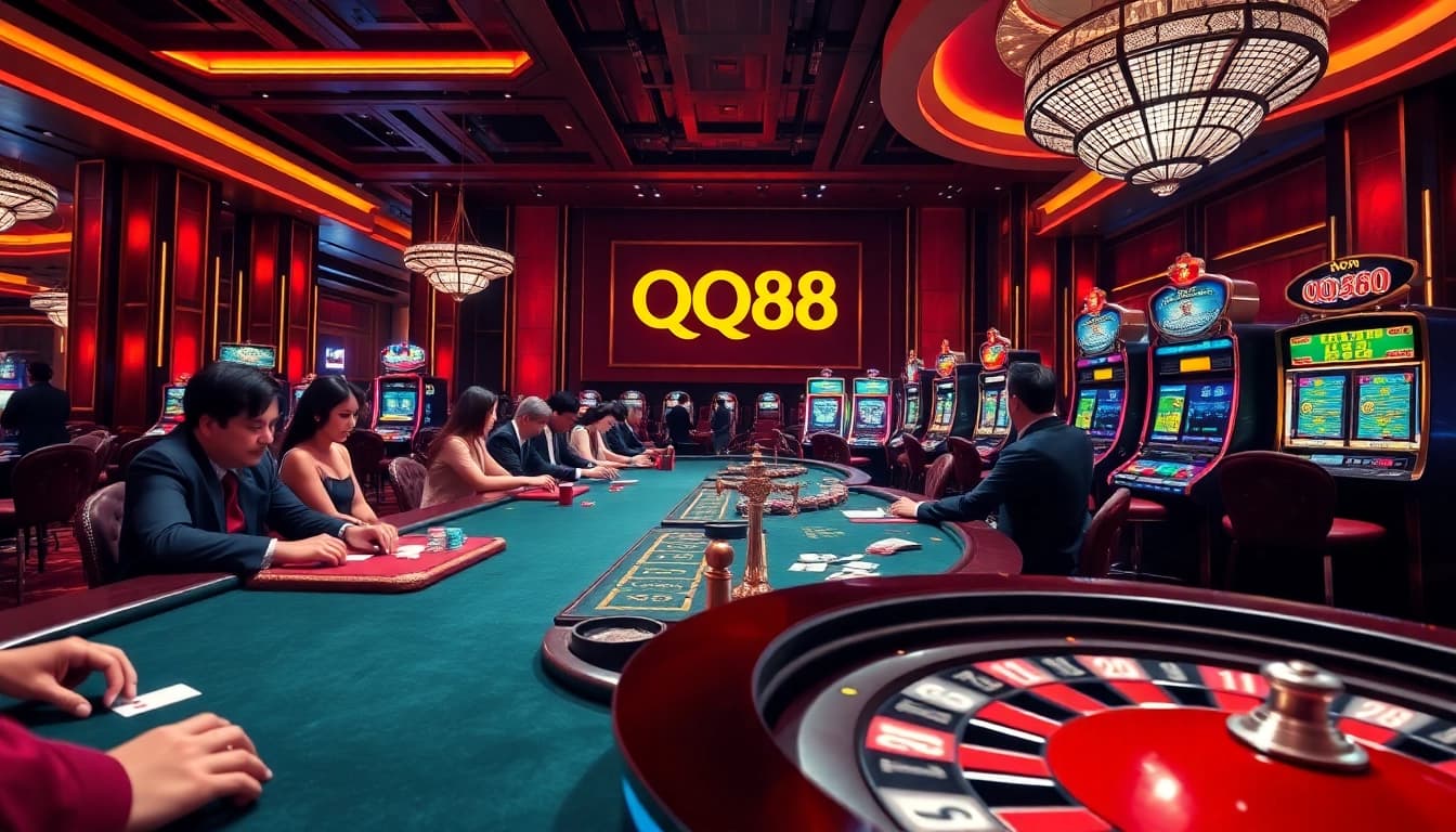 QQ88 players at a luxury casino table, showcasing intense betting excitement and professional gaming atmosphere.