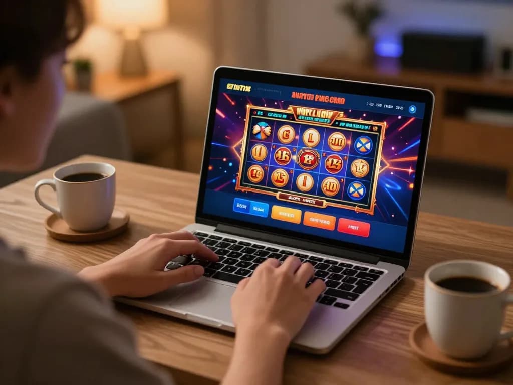 RR88 user enjoying online slot games on a laptop in stylish home environment, promoting responsible gaming.