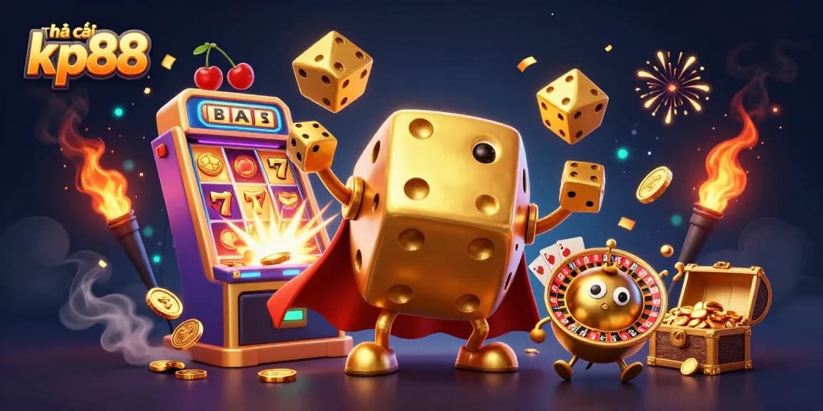 Feel the excitement at nhà cái kp88 with a dazzling 3D casino illustration showcasing vibrant characters and games.