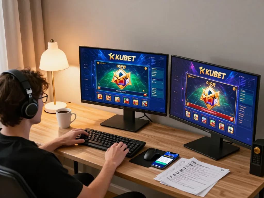 KUBET player engaging in online gaming with multiple screens showcasing casino games.