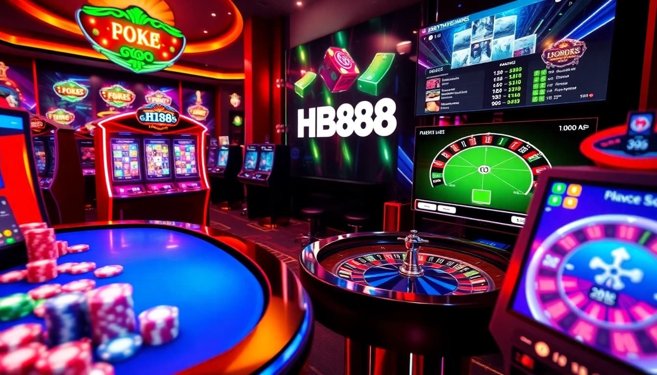 Experience the excitement of HB88 with a vibrant online casino atmosphere highlighting interactive games and betting.