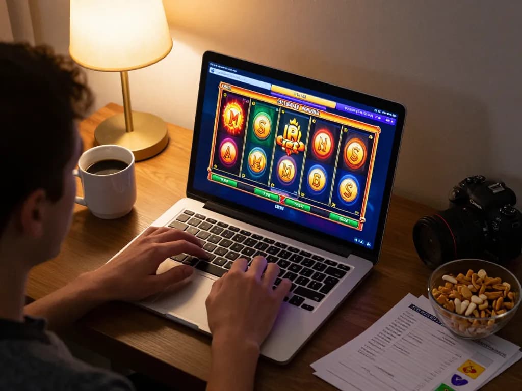 Engaging in online slots Malaysia session, player using laptop to enjoy spinning reels while maintaining responsible gaming practices.