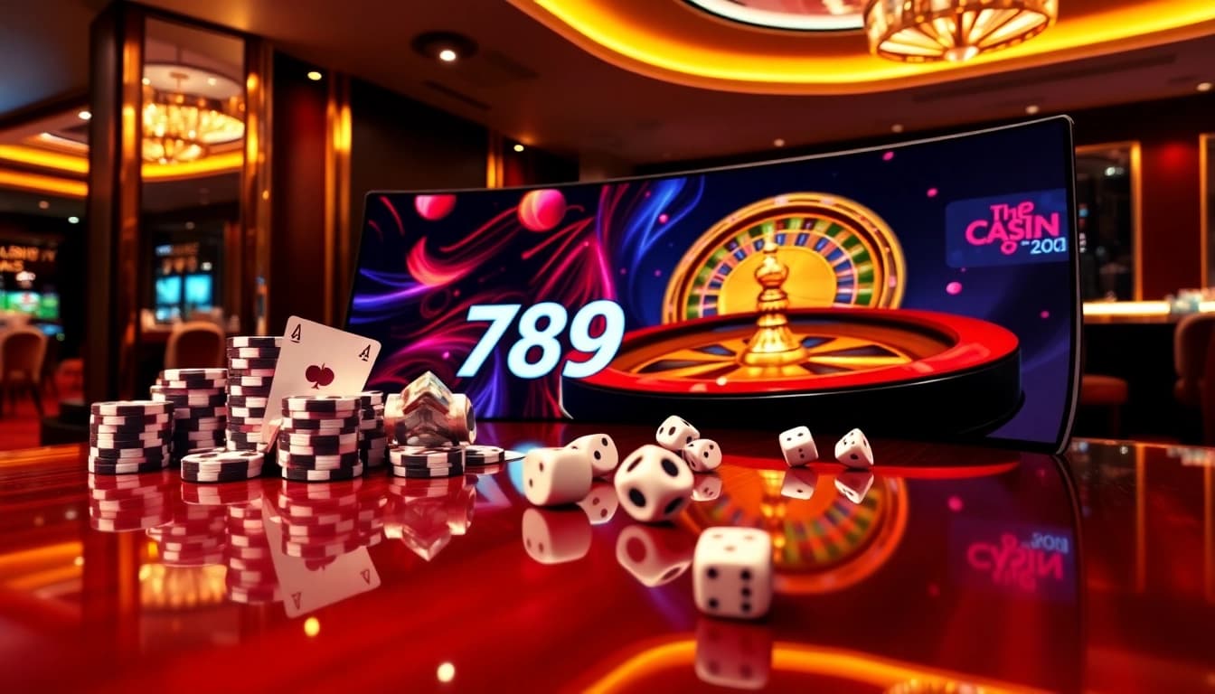 Engaging 789Win online casino interface showcasing dynamic poker chips, roulette wheel, and betting actions