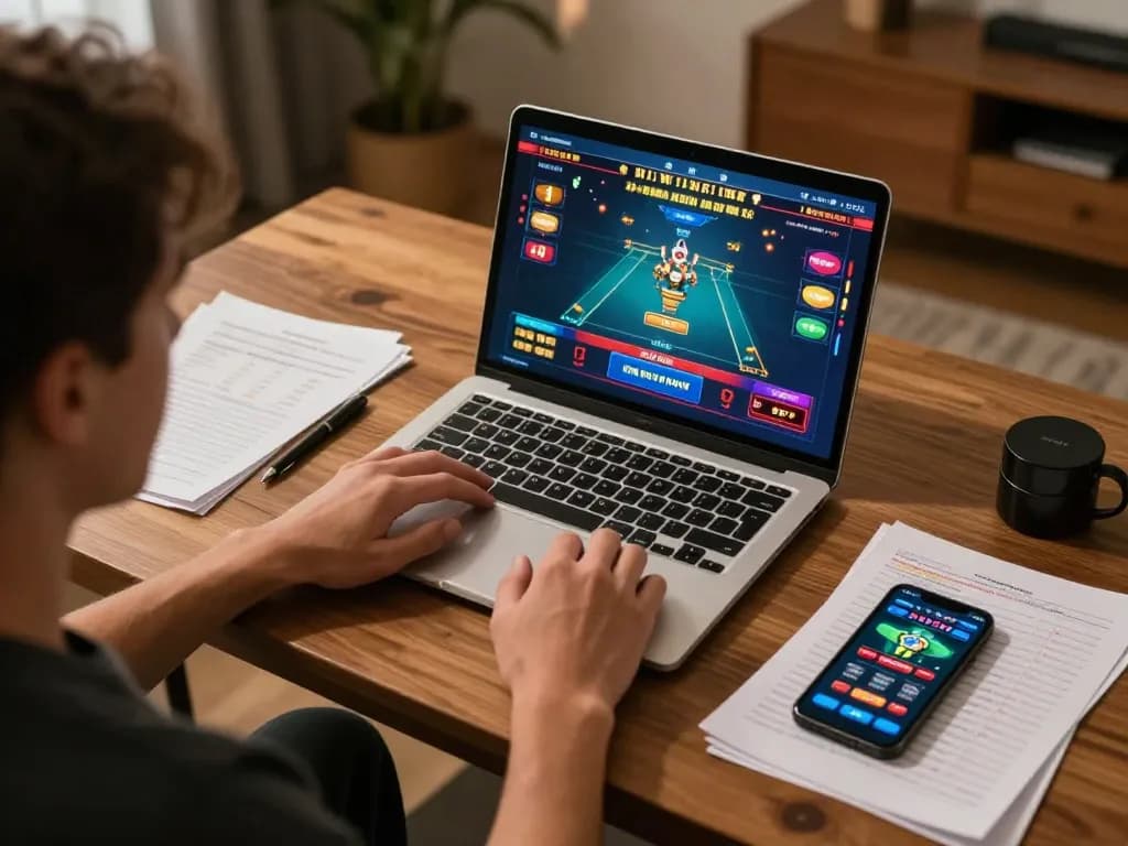 Player engaging with online casino game at home, showcasing tr88 app for immersive gaming experience.