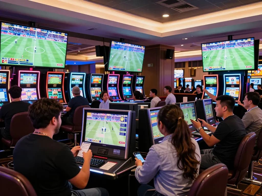 Nohu90 sports betting enthusiasts celebrating a win during a live event in a bustling casino environment.