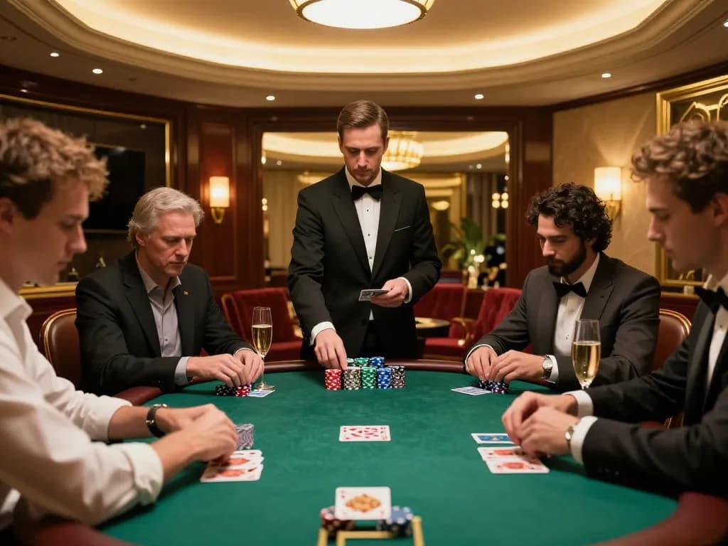 Experience high-stakes poker at Iwin's luxurious VIP table with focused players and rich ambiance