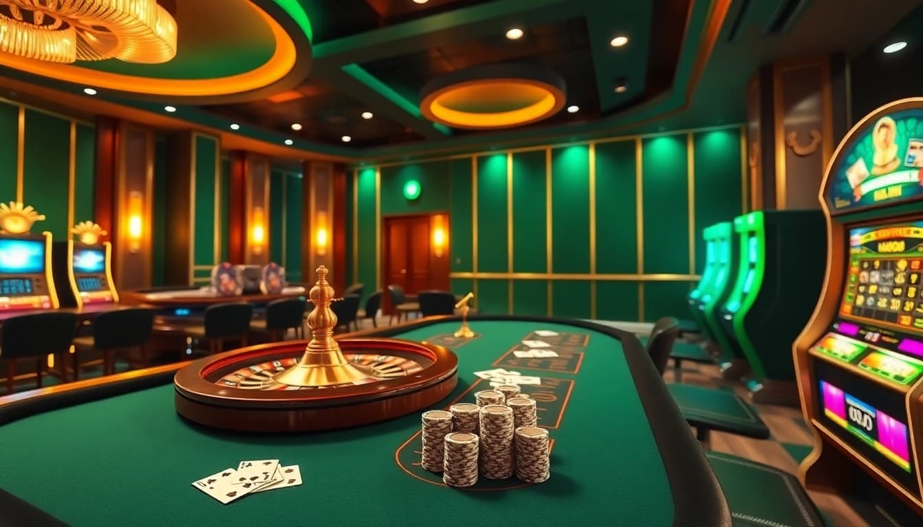 Xocdia88 showcases an exciting casino environment with poker chips, cards, and vibrant slot machines.