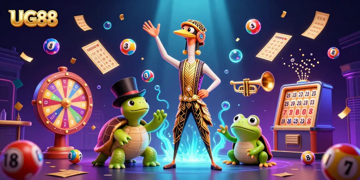 Engage in thrilling lottery play with UG88 in a vibrant casino scene filled with dynamic elements.