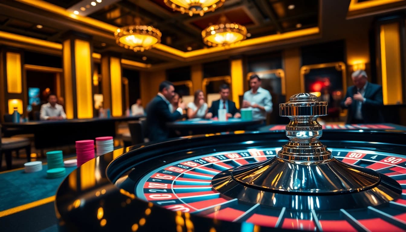 Excited players enjoying high-stakes action at PG88 casino, featuring vibrant poker chips and roulette wheel.
