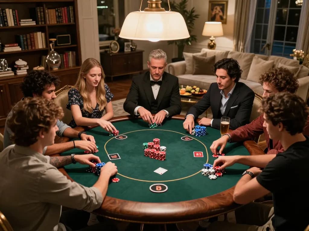 Alo8 poker night featuring friends engaged in a Texas Hold'em game with colorful chips and cozy home atmosphere.