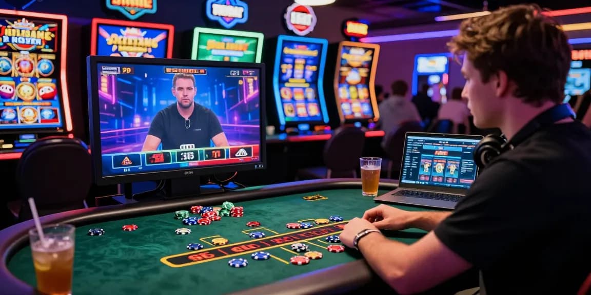 Exciting online gambling atmosphere showcasing player at virtual blackjack table in vibrant casino environment with bright visuals.