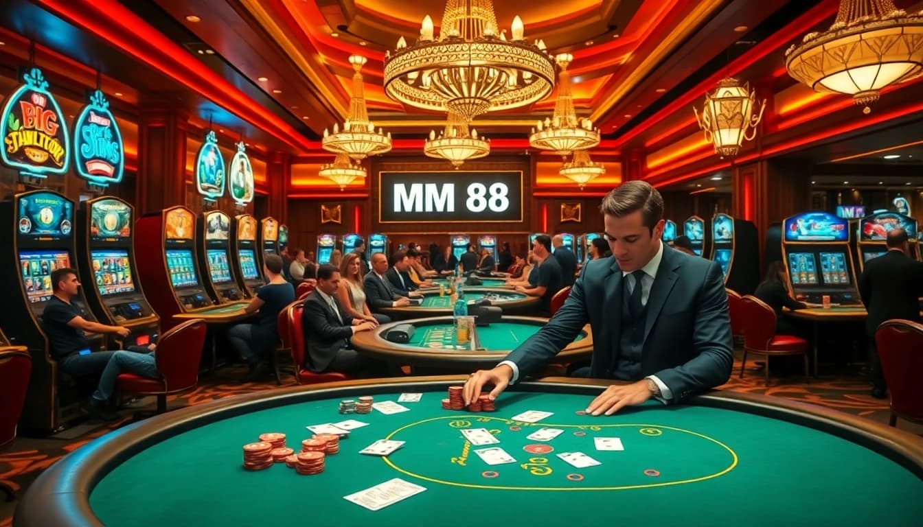 A lively casino gaming floor highlighting players at various tables with 'mm 88' prominently displayed.