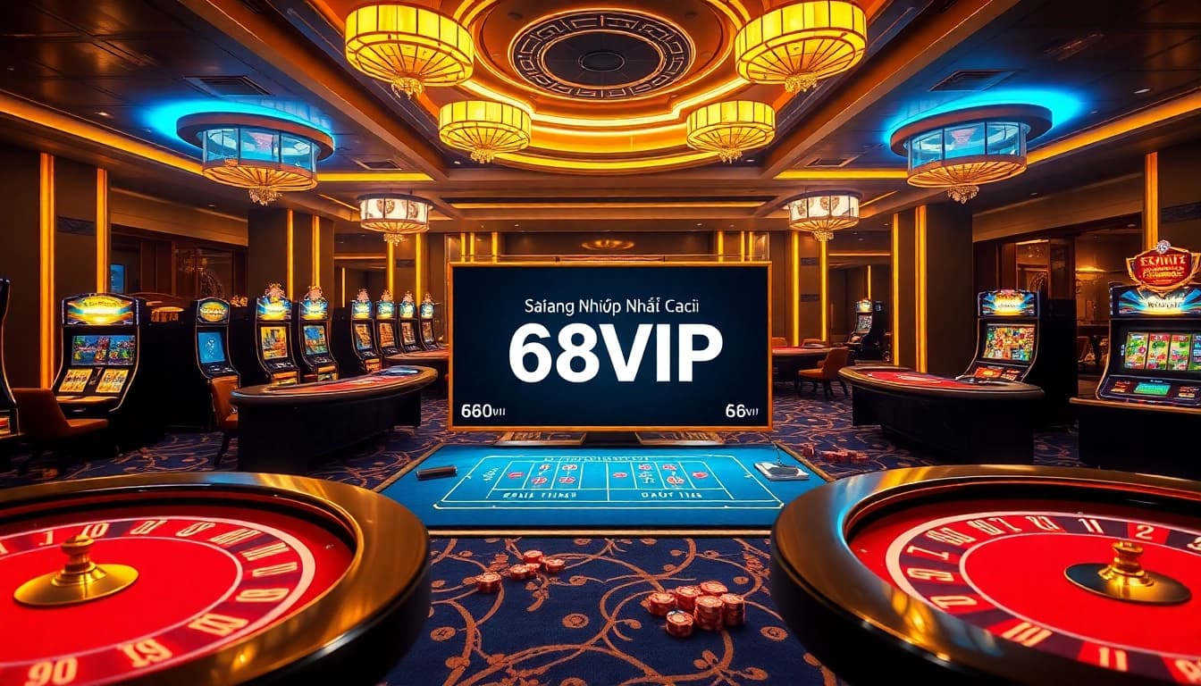 Experience the excitement of Đăng Nhập Nhà Cái 68VIP surrounded by luxury casino elements and online betting interfaces.