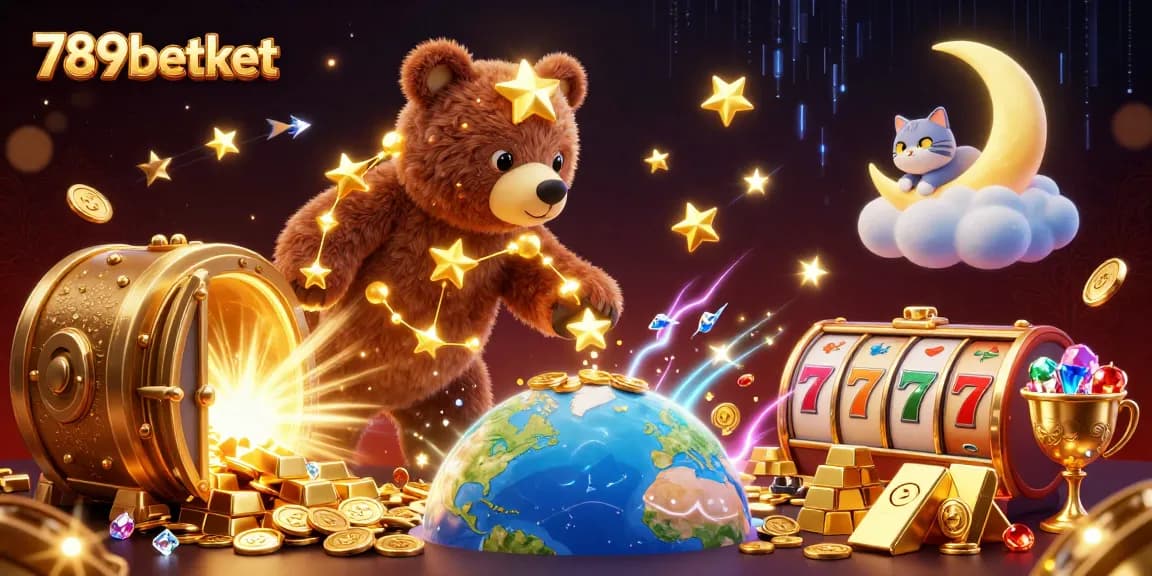 Experience the thrilling world of 789betket, where constellation bears scoop coins amidst slot reels and treasures.