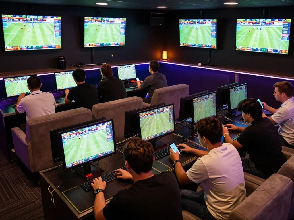 Bsport enthusiasts engaging in live sports betting within a vibrant lounge environment
