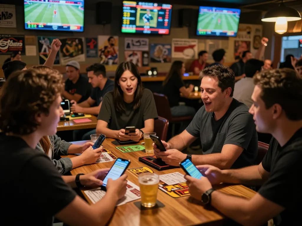 ea77 users actively engaging in sports betting with smartphones in vibrant sports bar setting