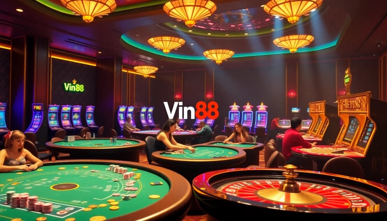 Vin88 online casino interface showcasing vibrant gameplay with poker chips and roulette table.