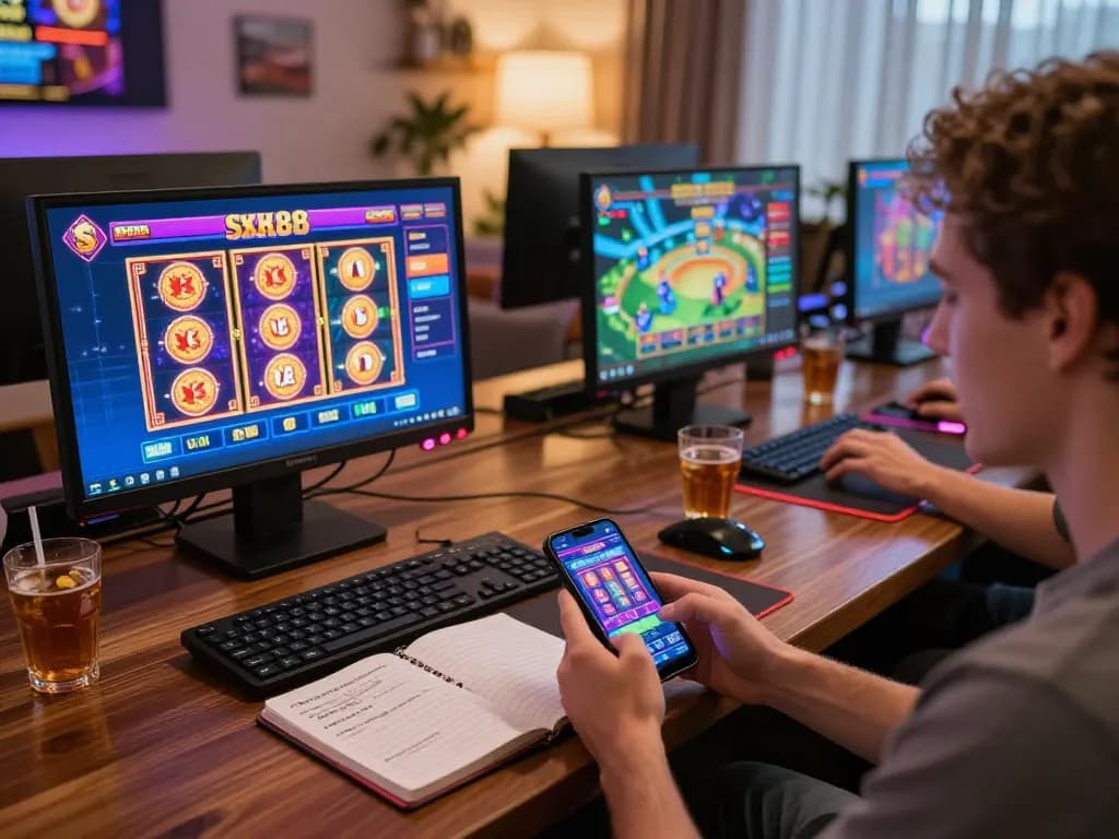 SX88 casino player engaged in strategic gameplay on smartphone in cozy home setting
