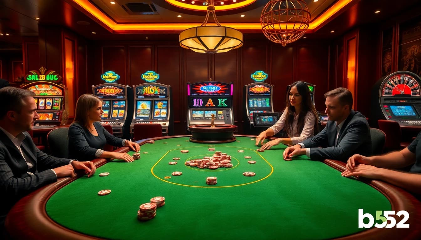 Exciting b52 casino poker scene with luxurious gaming table and thrilling atmosphere.