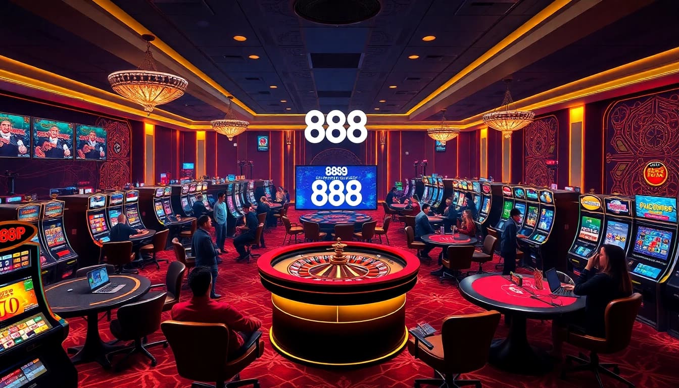 Players engaging with the exciting 888P online casino platform, showcasing poker tables and slot machines.