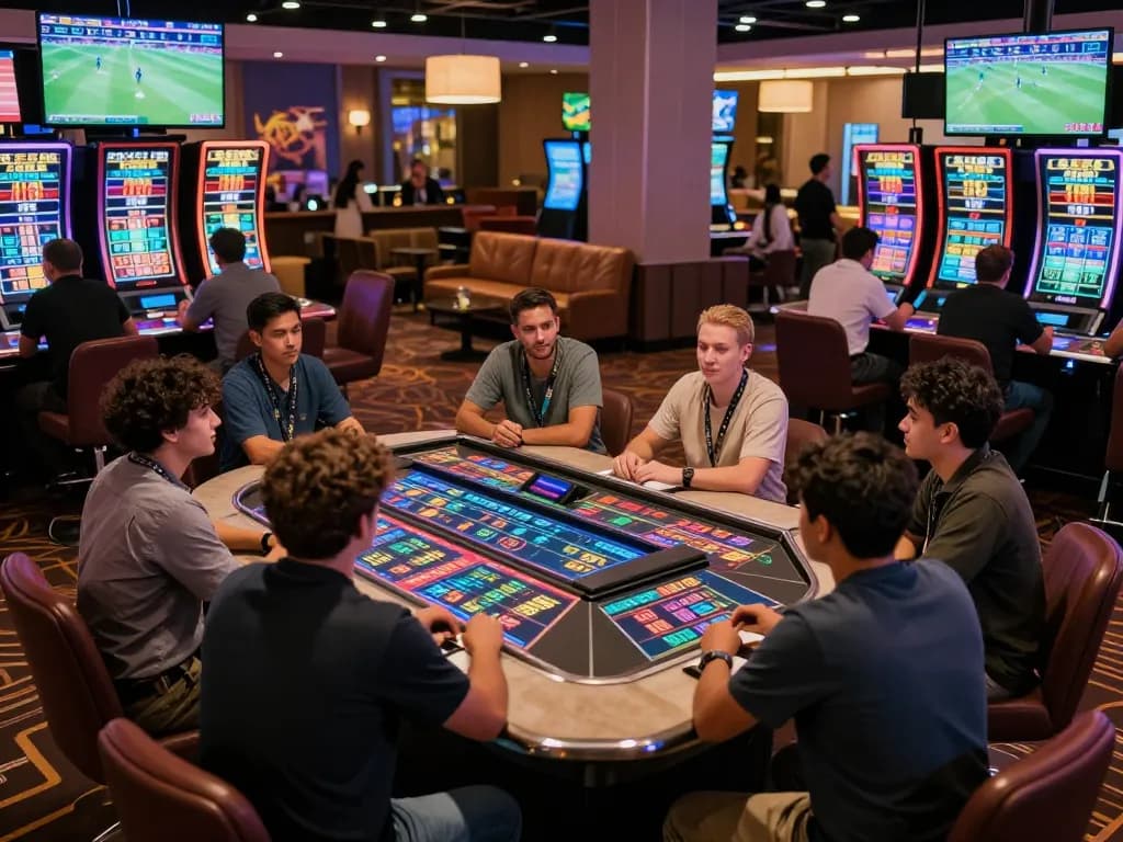 Excited bettors engaging with iwin sports betting, multiple screens showcasing live sports events, vibrant casino ambiance.