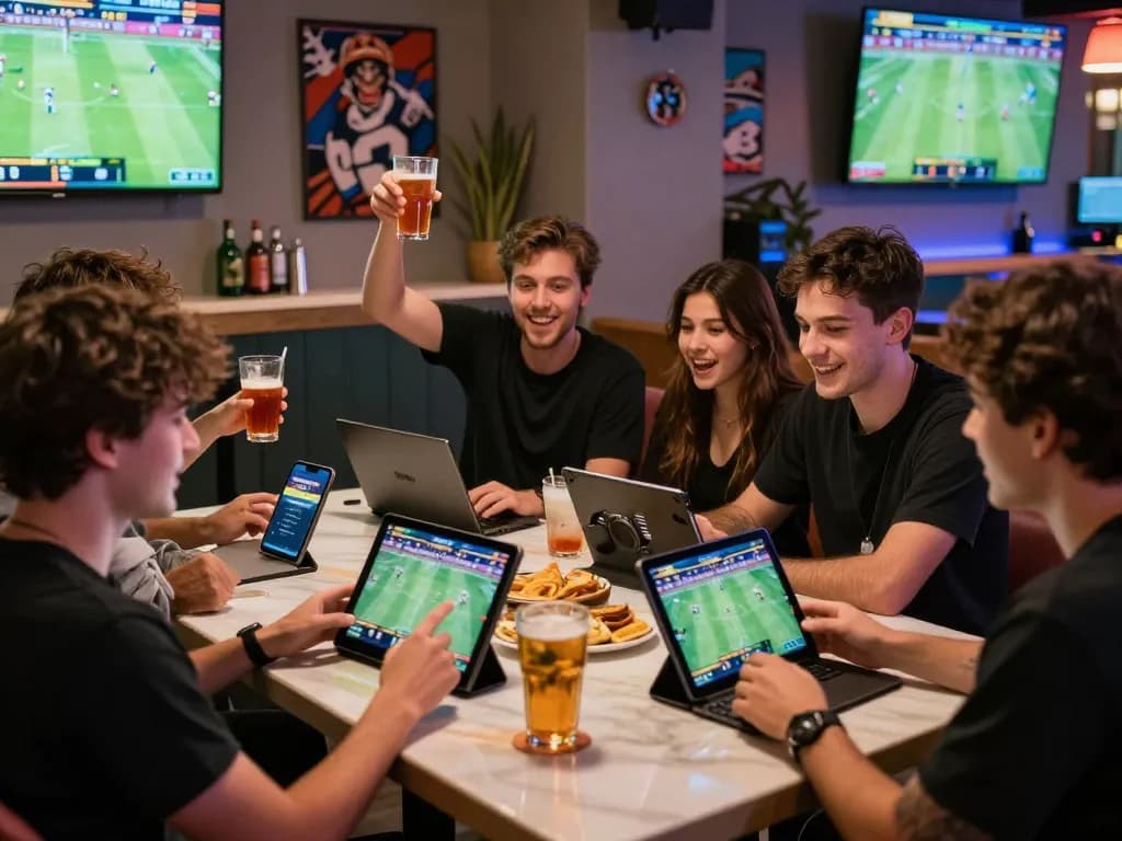 Friends enjoying Onbet 88 sports betting in a lively entertainment lounge, celebrating with drinks and devices.