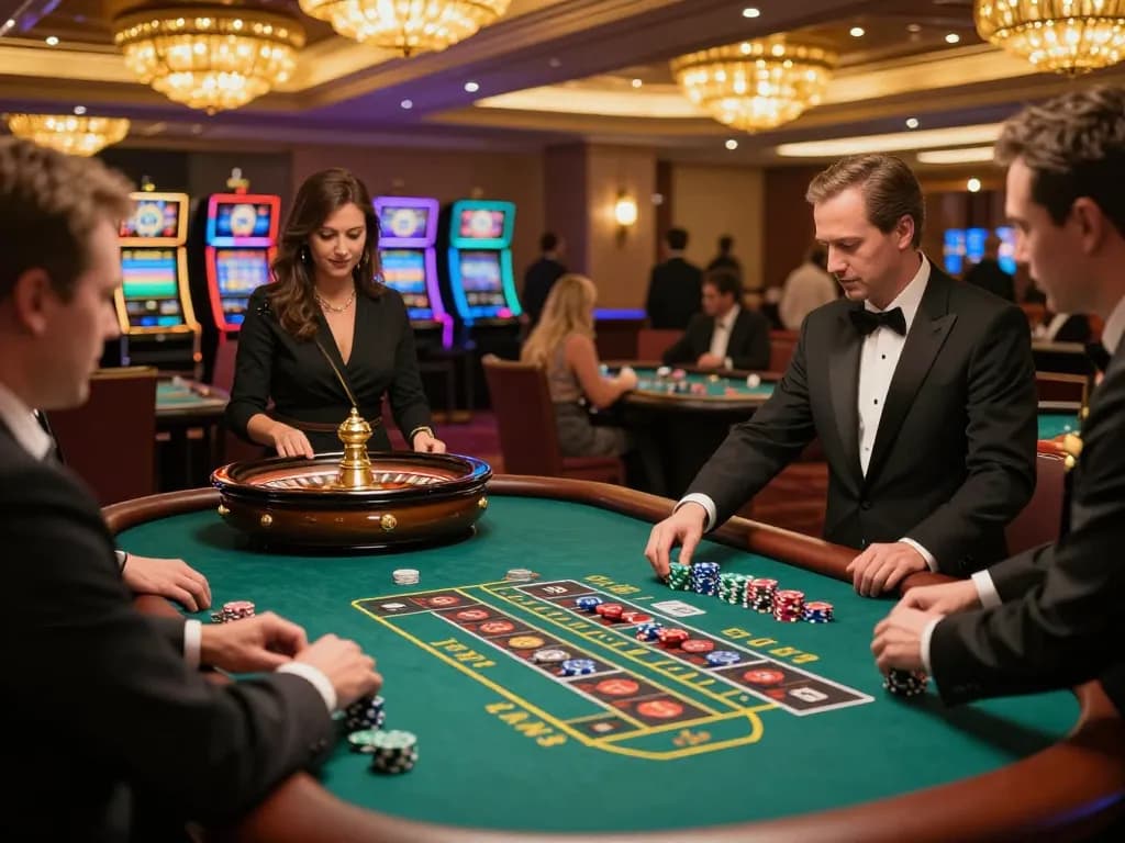 Players engaging at a roulette table showcasing mm88's exciting casino atmosphere with vibrant chips and luxurious decor.