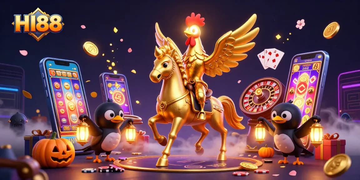 Join the HI88 casino adventure with a golden rooster and its spooky companions!