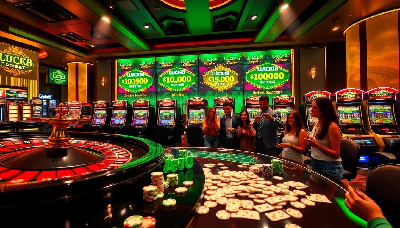 Engaged gamblers celebrating a win at LUCK8 VIP casino table with vibrant slots in the background.