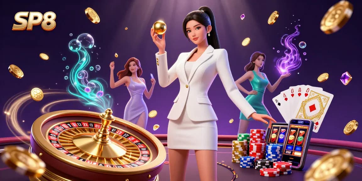 Experience the thrill of SP8 as the stunning woman showcases her confidence in a vibrant casino scene.