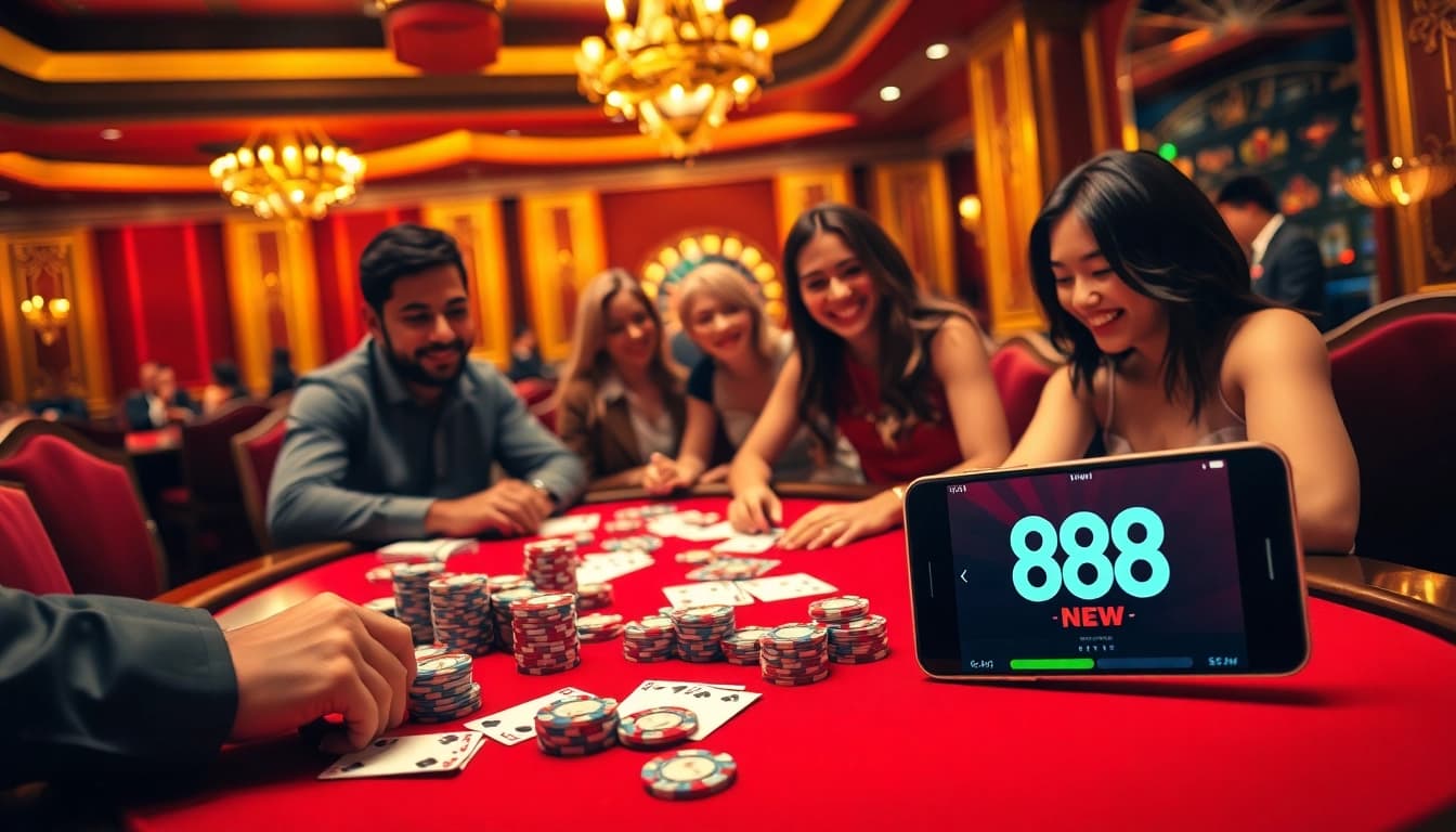 Experience high-stakes excitement at 888 NEW casino with players at a poker table.