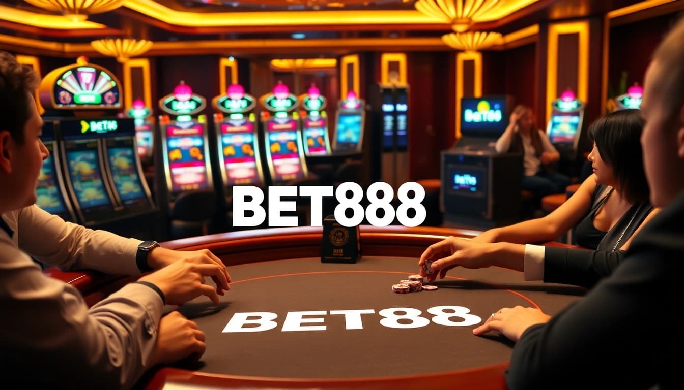 Experience thrilling poker action at BET88's luxury gaming table amidst an exciting casino atmosphere.