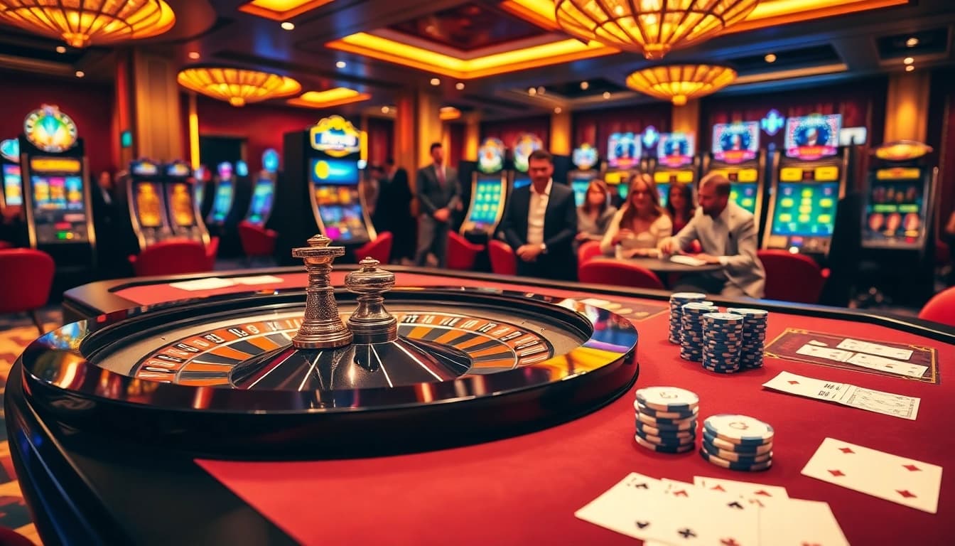 Experience the thrill at Emastoto with players strategizing over a roulette table in a vibrant casino atmosphere.