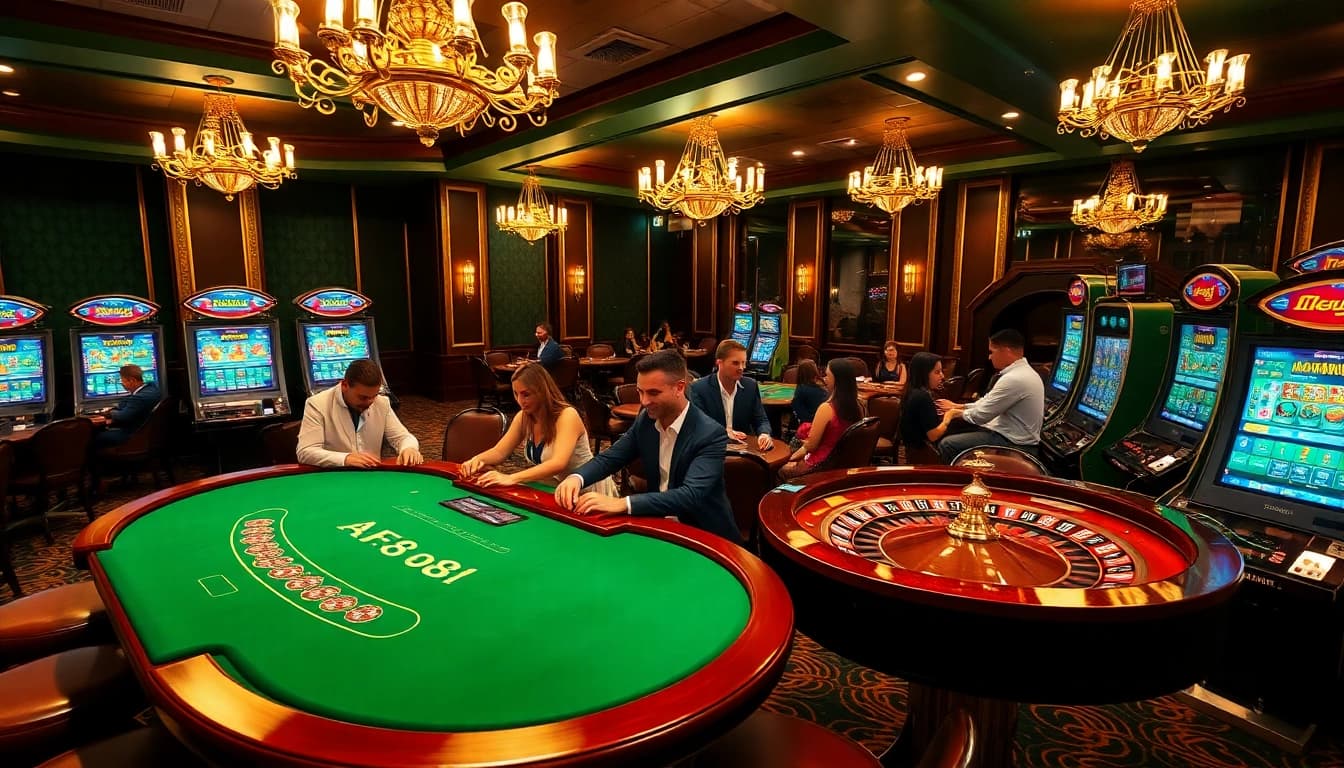 Exciting gambling scene at https://af88.bid/ showcasing luxurious tables and vibrant slot machines.
