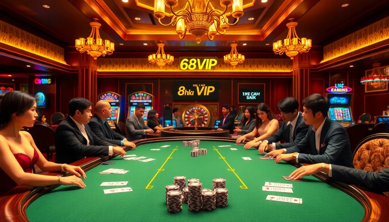 Engaging scene of professional gamblers at a table, emphasizing Link Vào Nhà Cái 68VIP and the thrill of poker.