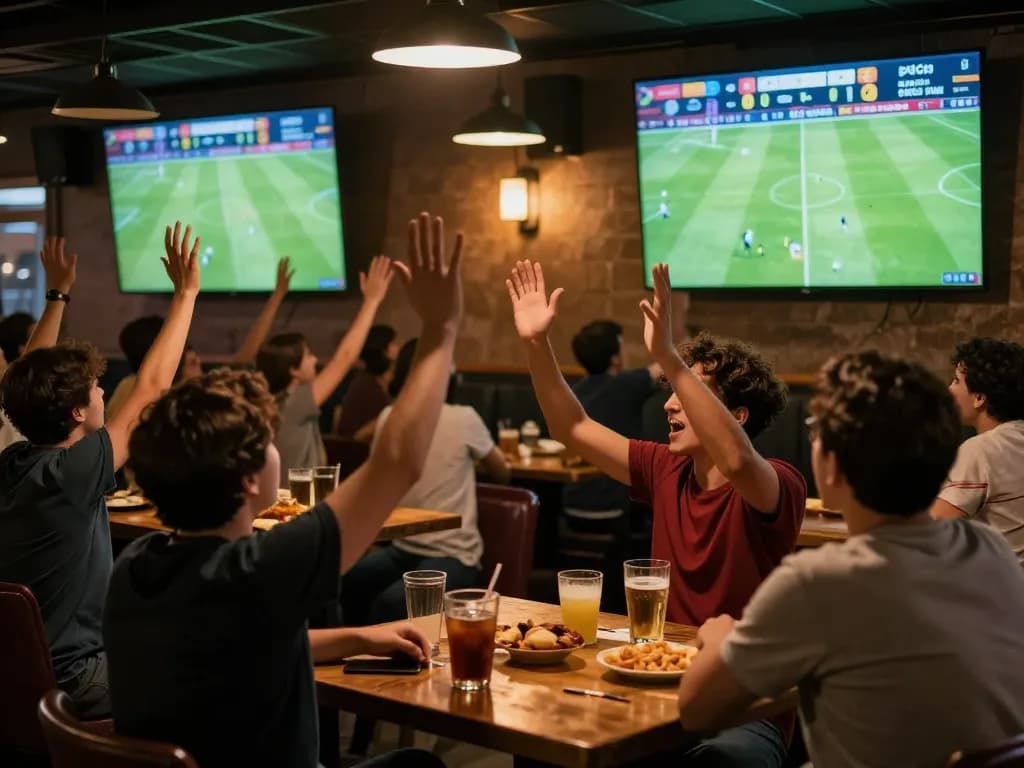 Fans celebrating a goal while watching kết quả bóng đá at a lively sports bar atmosphere, emphasizing excitement and community engagement.